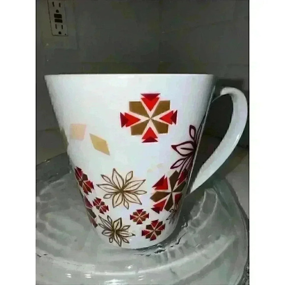 Starbucks Coffee Mug 2013 Holiday Poinsettia + Snowflakes Abstract 11oz cup 4" - Picture 8 of 10